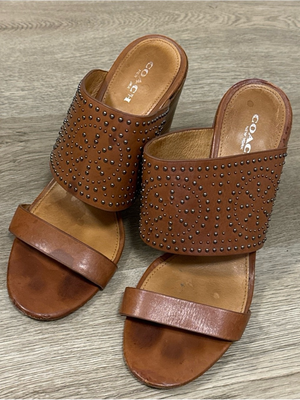 COACH Brown Studded Leather Slide Sandals